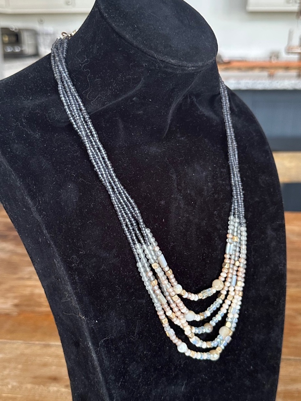 Boho Multi-Strand Gemstone Statement Necklace Gray Gold Blue - Picture 2 of 15